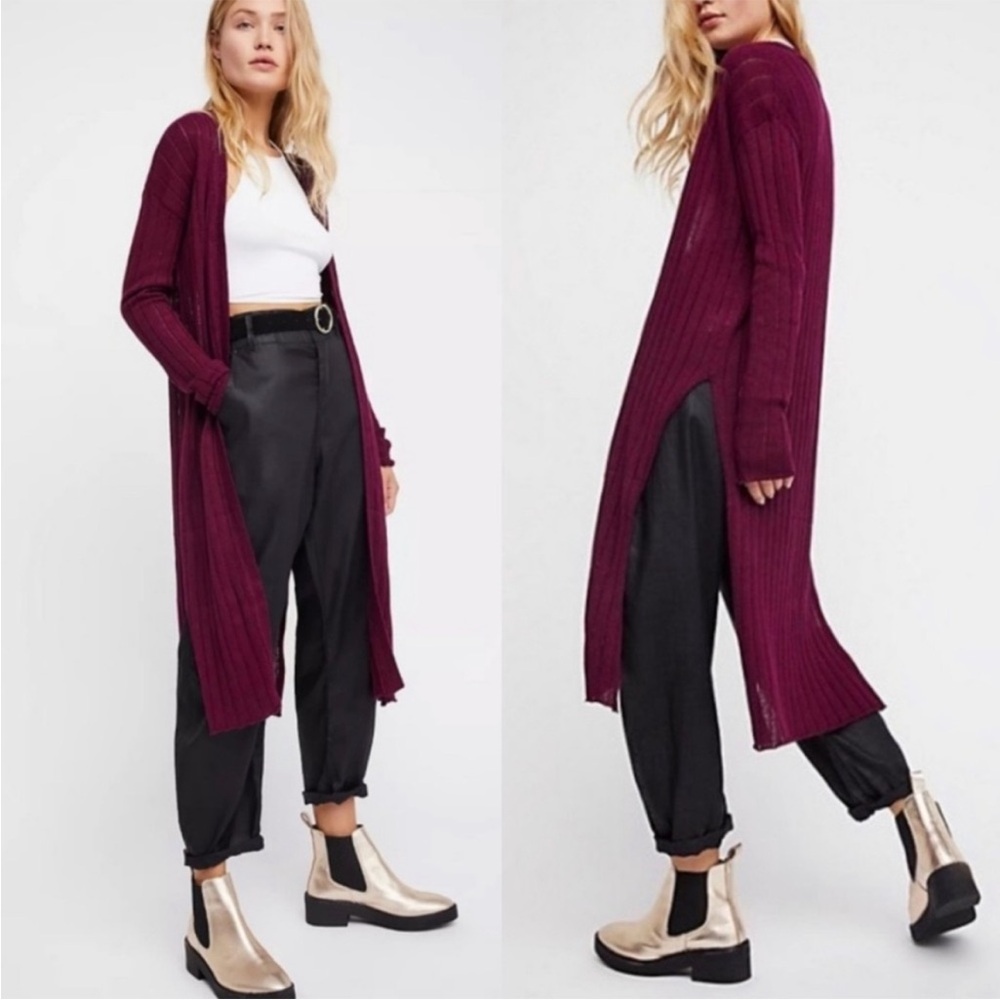 Free People Linen blend Burgundy Long Cardigan